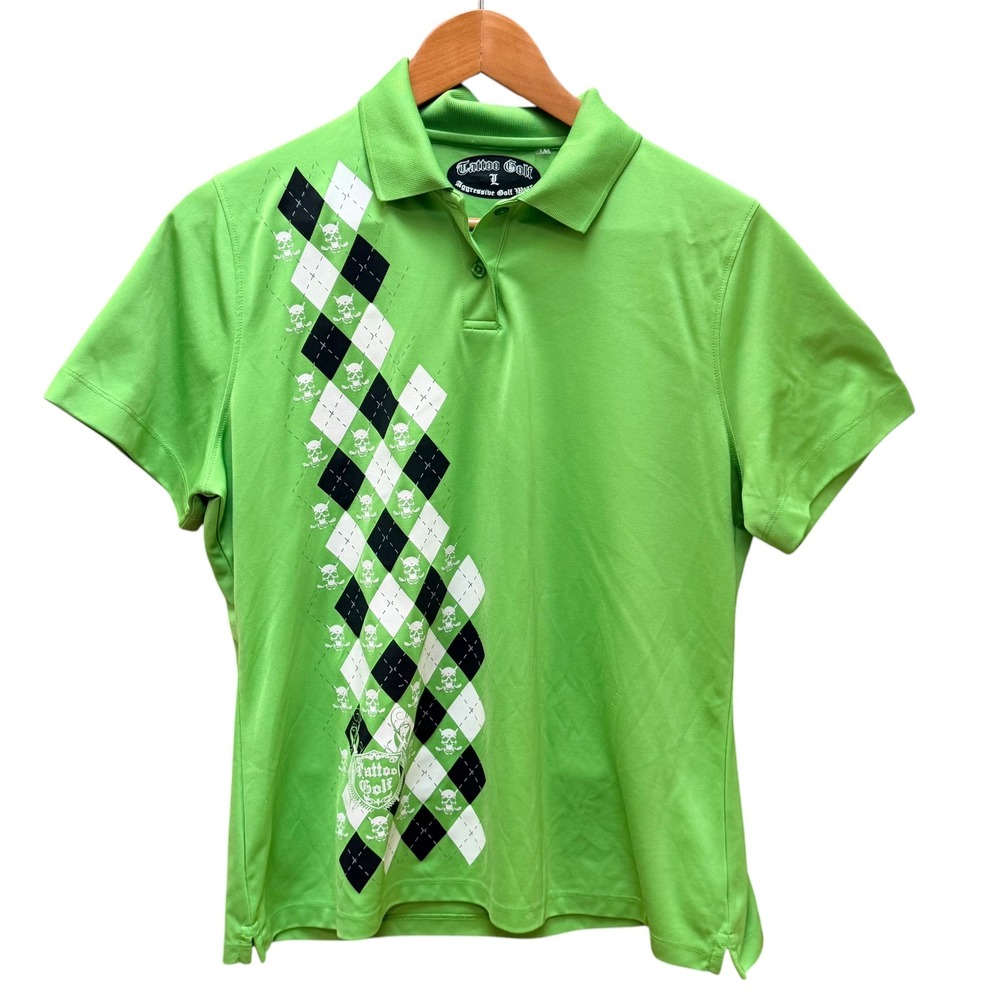 Tattoo Golf Polo Shirt Mens L Lime Green‎ Argyle Skull Aggressive Golf Wear Punk